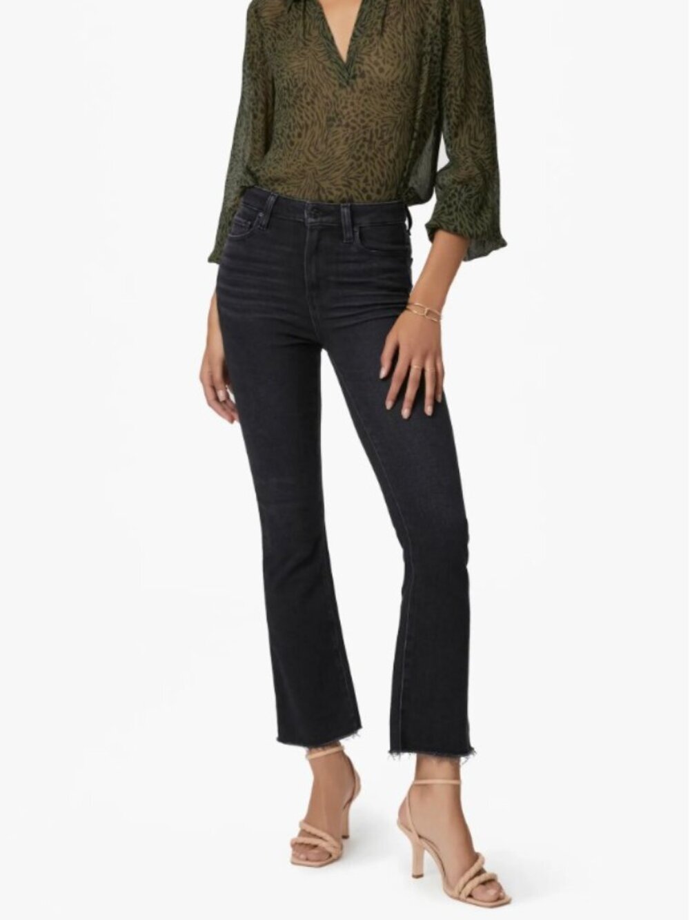 NWT Paige Claudine High Rise Ankle Flare Raw Hem Jeans Black Lotus Sz 25